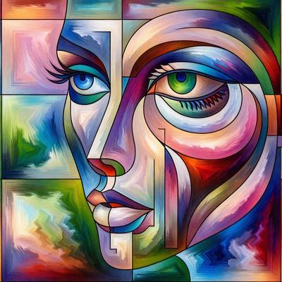 The primary subject of the image is a woman's face, which is the main focus of the image. The setting is a colorful painting, with the background featuring a variety of colors and patterns. The visual style is a combination of digital art and illustration, creating a vibrant and dynamic portrait. The colors and mood of the painting are lively and energetic, with a strong emphasis on the woman's features and expression.